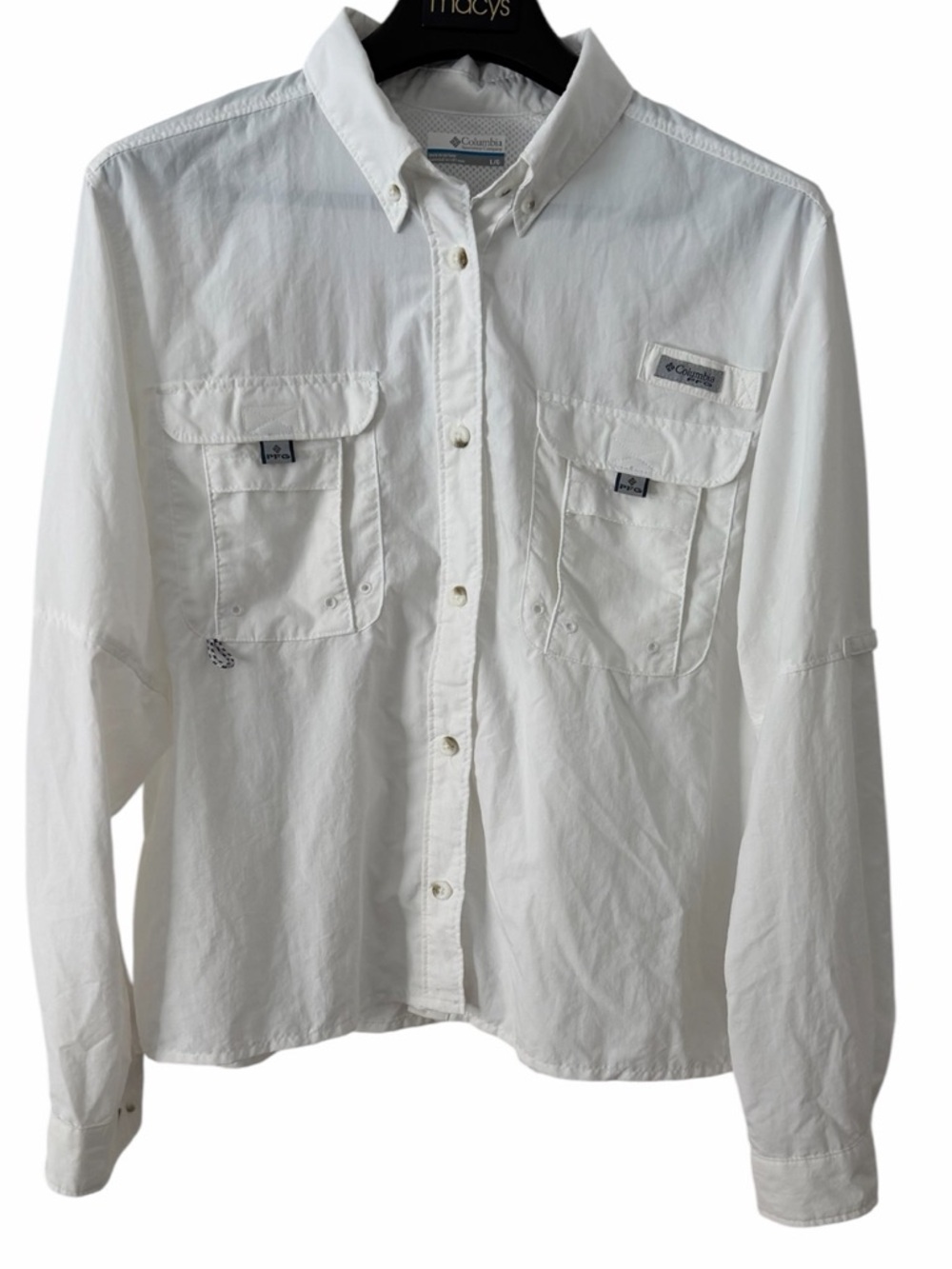 Columbia PFG Bahama II White Long Sleeve Roll Up Fishing Shirt size L (009)